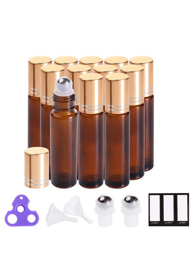 Essential Oil Roller Bottles (10Ml Amber Glass, 12 Pack) With 2 Extra Roller Balls, 24 Labels, Opener, 2 Funnels