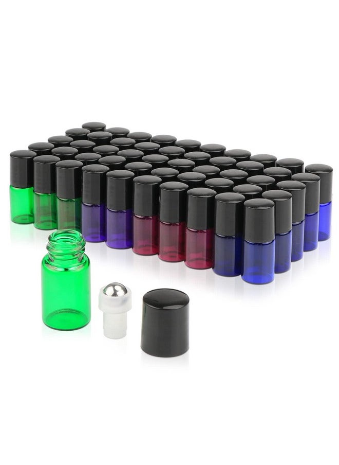 Pack Of 50,2Ml (5/8 Dram) Glass Roll On Bottle Mixed Color Sample Test Roller Essential Oil Vials Stainless Steel Roller Balls With Black Cap For Aromatherapy,Perfume Oils-Pipette Included