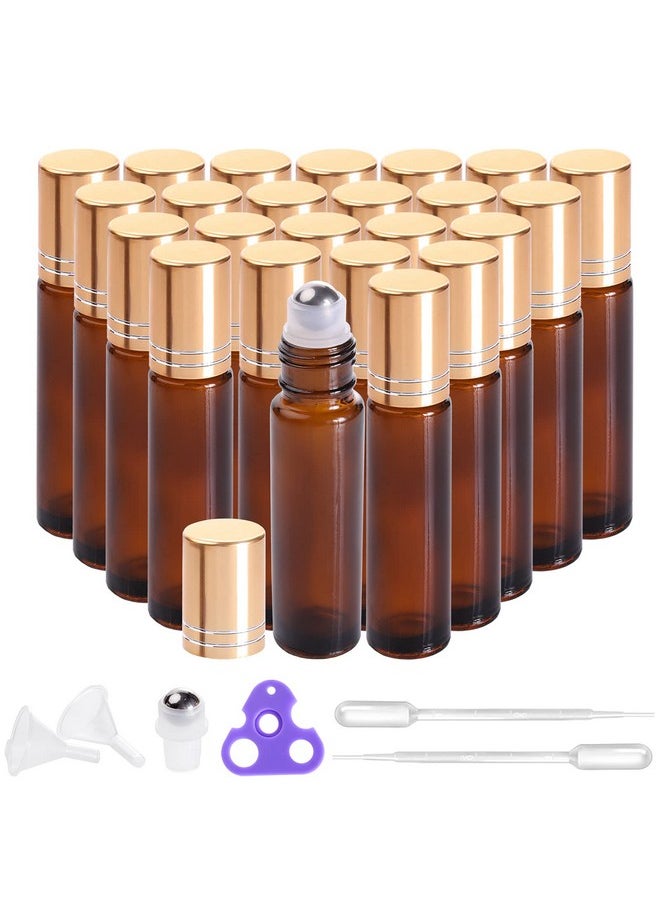 Roller Bottles For Oils 10Ml (Amber Glass, 24 Pack, 4 Extra Stainless Steel Balls, 48 Labels, Openers, 2 Funnels, 2 Droppers Roller Balls For Essential Oil Roller Bottles