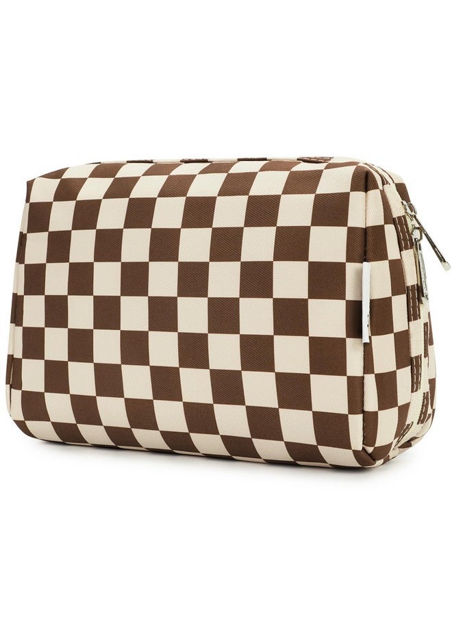 Large Makeup Bag Zipper Pouch Travel Cosmetic Organizer For Women (Large, Dark Checkerboard)