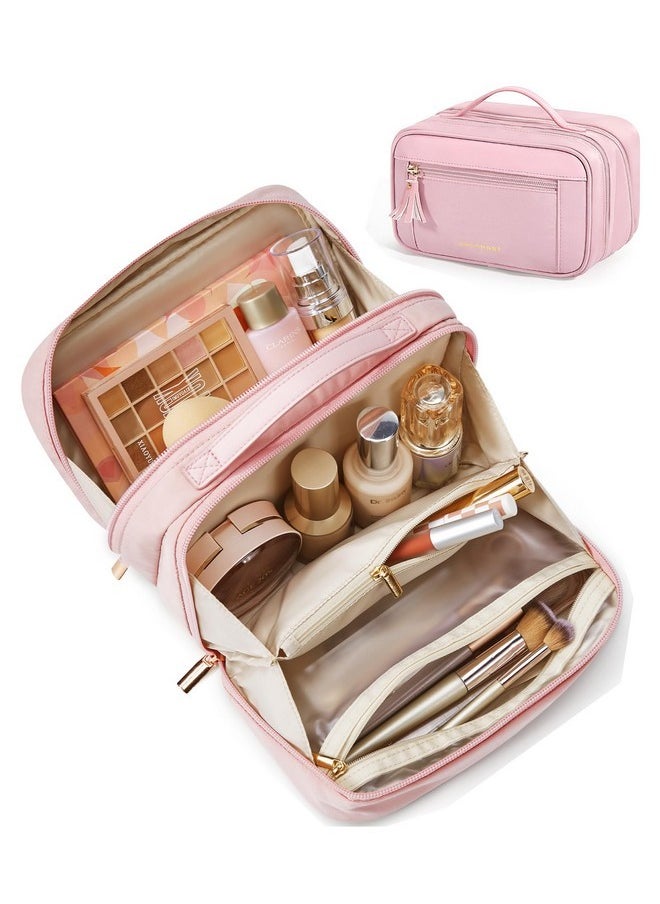 Makeup Bag Travel Large Capacity Cosmetic Bag, Wide-Open Make Up Bag Organizer For Women For Travel Essentials Travel-Size Toiletries Accessories Bottles, Brushes, Light Pink