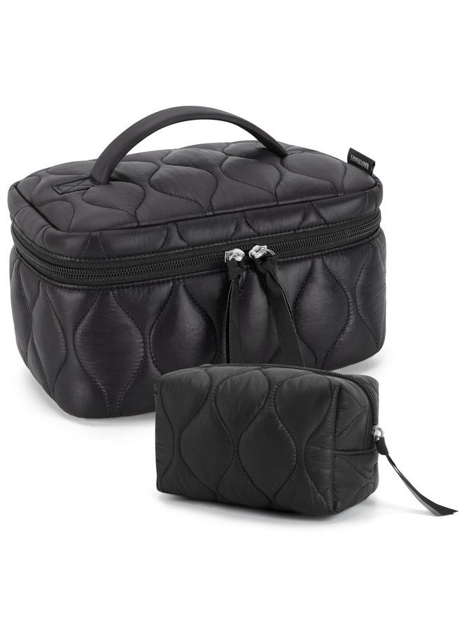 Travel Makeup Bag, 2-Piece Puffy Quilted Cute Make Up Bag Cosmetic Bags For Women, Large Wide-Open Toiletry Pouch Gifts For Toiletries Accessories Travelling Essentials, Black