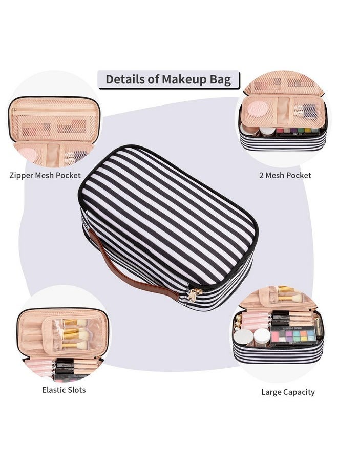 Small Cosmetic Bag,Portable Cute Travel Makeup Bag For Women And Girls Makeup Brush Organizer Cosmetics Pouch Bags-Black/White Stripes