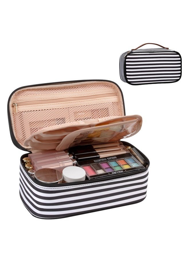 Small Cosmetic Bag,Portable Cute Travel Makeup Bag For Women And Girls Makeup Brush Organizer Cosmetics Pouch Bags-Black/White Stripes