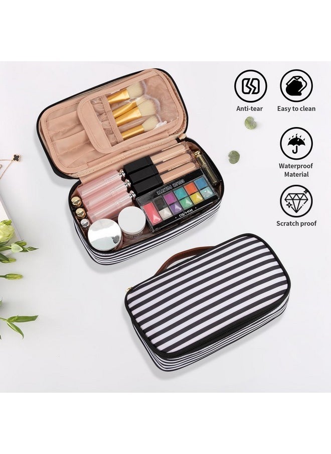 Small Cosmetic Bag,Portable Cute Travel Makeup Bag For Women And Girls Makeup Brush Organizer Cosmetics Pouch Bags-Black/White Stripes