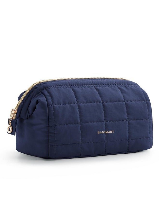 Makeup Bag Travel Toiletry Bag, Puffy Padded Make Up Bags For Women Makeup Organizer Case, Wide-Open Pouch Purse Travel Essentials Toiletries Accessories Brushes, Navy Blue