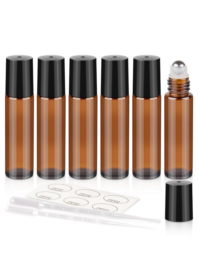 10Ml Roller Bottles For Essential Oils, 6 Pack Roll On Bottles, Amber Thick Glass Roller Bottles For Oils, With Stainless Steel Roller Balls, 2 Droppers