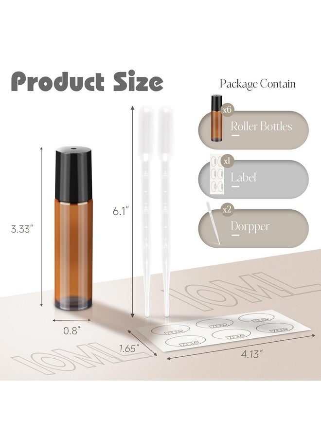 10Ml Roller Bottles For Essential Oils, 6 Pack Roll On Bottles, Amber Thick Glass Roller Bottles For Oils, With Stainless Steel Roller Balls, 2 Droppers