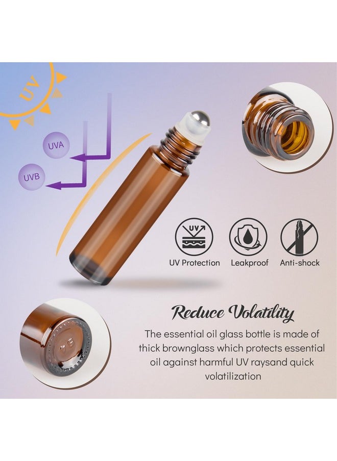 10Ml Roller Bottles For Essential Oils, 6 Pack Roll On Bottles, Amber Thick Glass Roller Bottles For Oils, With Stainless Steel Roller Balls, 2 Droppers