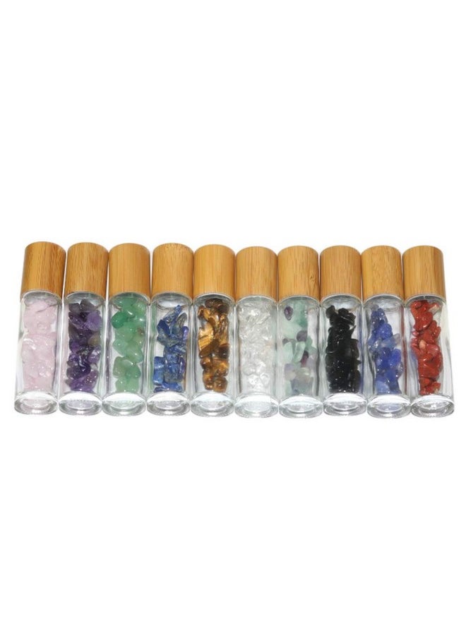 10Ml Roll On Bottle With Gemstone Rollerball&Crystal Chips Inside,10 Packs Glass Roller Bottles Essential Oil Sample Bottles(Bamboo Lids)