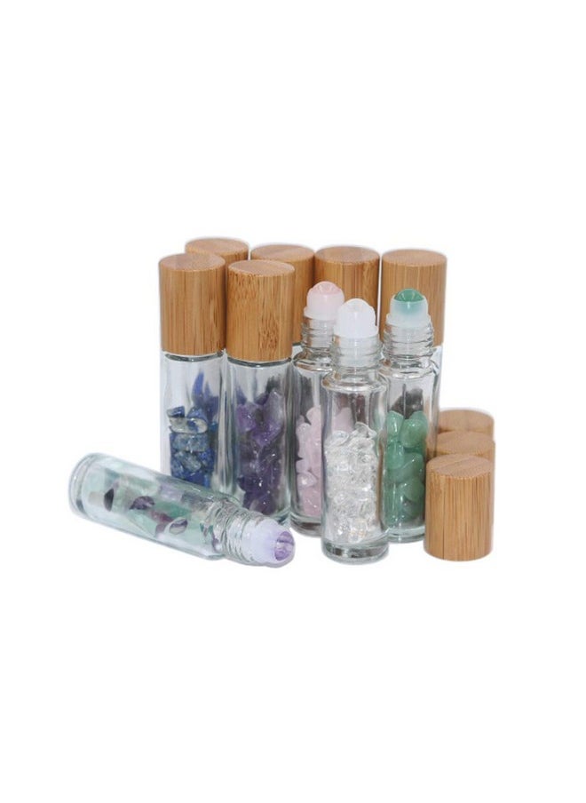 10Ml Roll On Bottle With Gemstone Rollerball&Crystal Chips Inside,10 Packs Glass Roller Bottles Essential Oil Sample Bottles(Bamboo Lids)