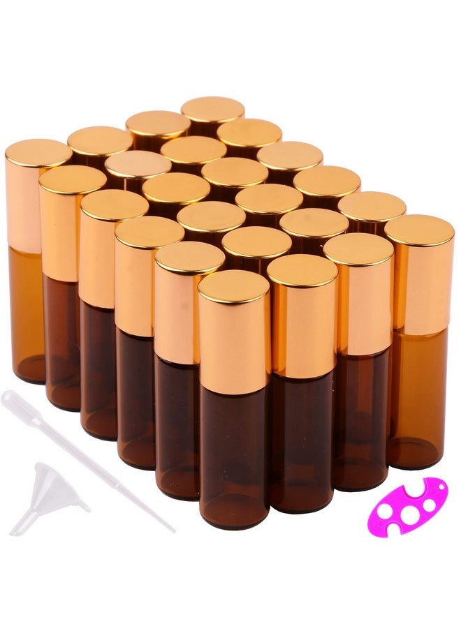 24 Pack 5Ml Amber Glass Roller Bottles For Essential Oils,Roll On Bottle With Stainless Steel Roller Balls Golden Painted Caps For Daily Aromatherapy Sample Test Travel