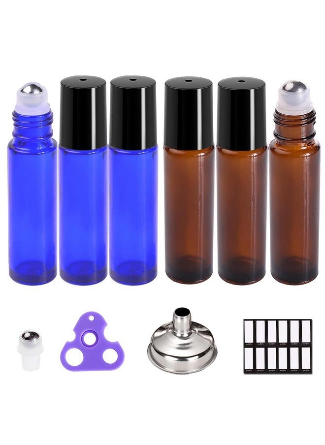 Roller Bottles For Oils 10 Ml (Amber Glass And Blue Glass, 6 Pack, 1 Extra Stainless Steel Balls, 12 Labels, 1 Opener, 1 Funnels Essential Oil Roller Bottles, Roller On Bottles