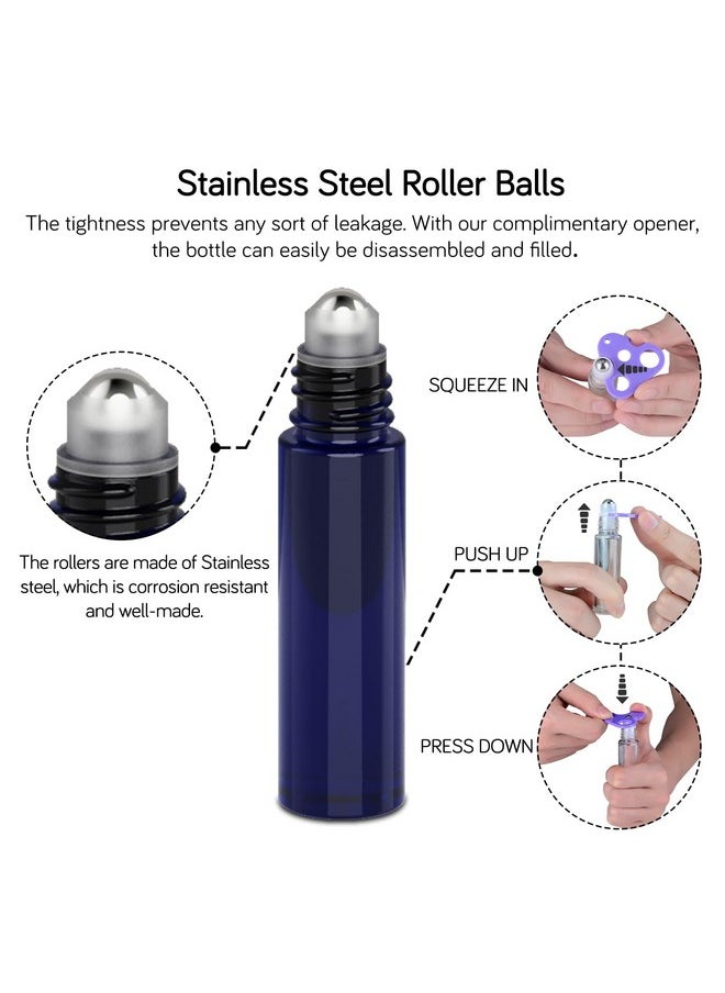 Roller Bottles For Oils 10 Ml (Amber Glass And Blue Glass, 6 Pack, 1 Extra Stainless Steel Balls, 12 Labels, 1 Opener, 1 Funnels Essential Oil Roller Bottles, Roller On Bottles