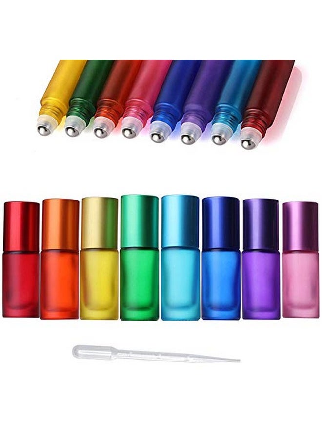 8Pcs 5Ml Colorful Frosted Roll On Bottles Glass Roller Ball For Essential Oils Refillable Massage Roller Bottles With Stainless Steel Ball Empty Containers For Aromatherapy+1Pcs Dropper