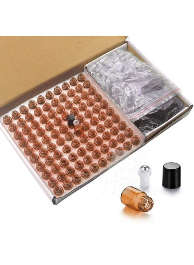 Amber Glass Roller Bottles 100 Packs 1Ml-1/4Dram Sample Vial Glass Roll On Bottles With Metal Roller Balls Roller Bottles For Essential Oils Aromatherapy Perfumes-Black Lid,1 Opener Remover Included