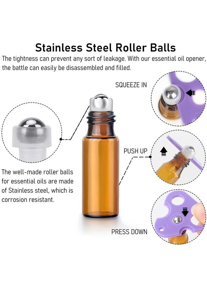 Essential Oil Roller Bottles, 24 Pack Amber Glass Roller Bottles 5Ml, Roller Balls For Essential Oils, Roll On Bottles (96 Pieces Labels, 4 Funnels, 4 Dropper, 2 Opener)