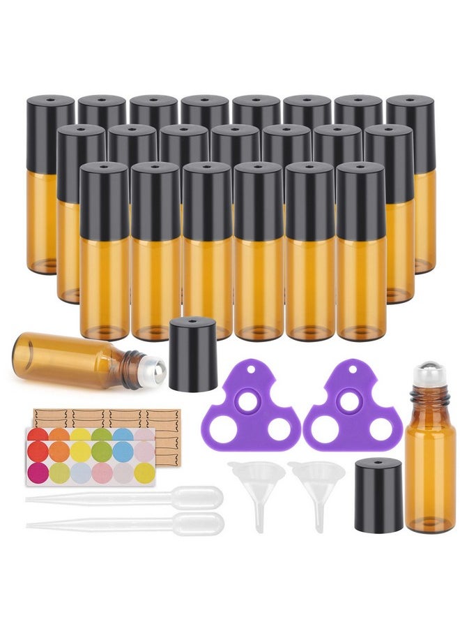 Essential Oil Roller Bottles, 24 Pack Amber Glass Roller Bottles 5Ml, Roller Balls For Essential Oils, Roll On Bottles (96 Pieces Labels, 4 Funnels, 4 Dropper, 2 Opener)