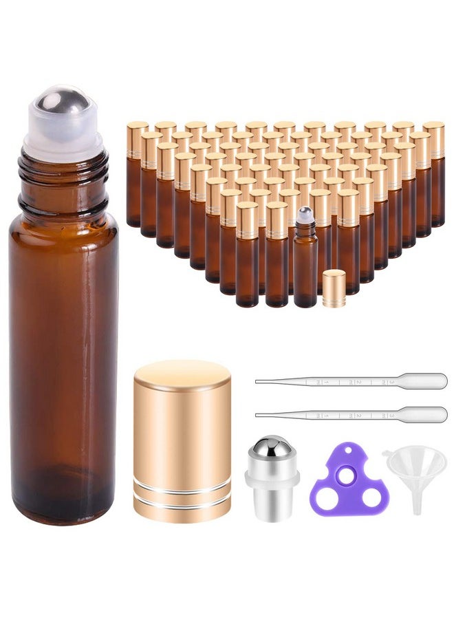 Roller Bottles For Oils 10 Ml (Amber Glass, 60 Pack, 10 Extra Stainless Steel Balls, 72 Labels, 4 Opener, 4 Funnels Essential Oil Roller Bottles, Roller On Bottles