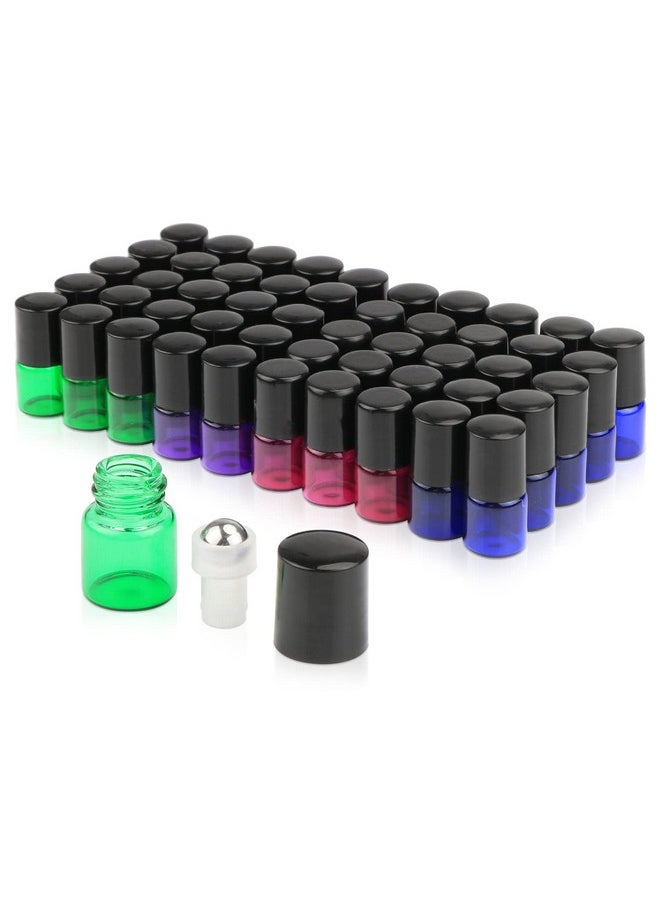 Pack Of 50,1Ml (1/4 Dram) Glass Roll On Bottle Mixed Color Sample Test Roller Essential Oil Vials Stainless Steel Roller Balls With Black Cap For Aromatherapy,Perfume Oils-Pipette Included