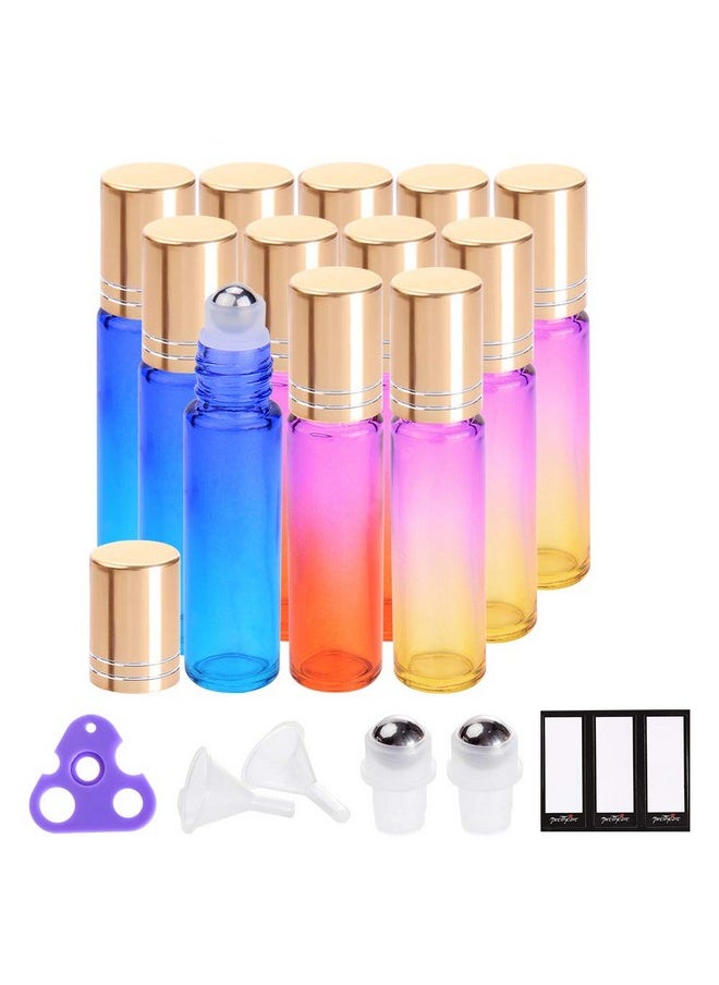 Roller Bottles 10Ml (12 Pack Rainbow Glass, Golden Cap, 24 Labels, 2 Extra Roller Balls, Opener, 2 Funnels) For Essential Oils, Roll On Bottles