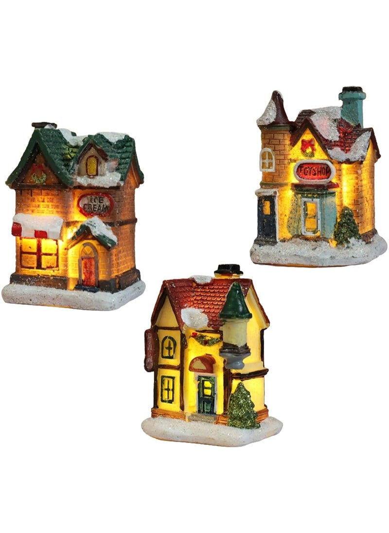 Christmas Winter Village Houses, 3Pcs Lighted Christmas Village Houses Set with Figurines, Christmas Village Scene for Christmas Holiday Home Decorations