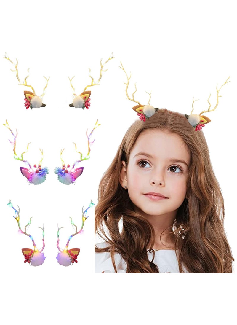 3 Pairs LED Hair Clips- Christmas Reindeer Hair Clips Decorations, Christmas Reindeer Antlers Headband Hair Pins Branches Floal Xmas Colorful Headpiece Hair Clips Festival Hair Accessories for Women and Girls