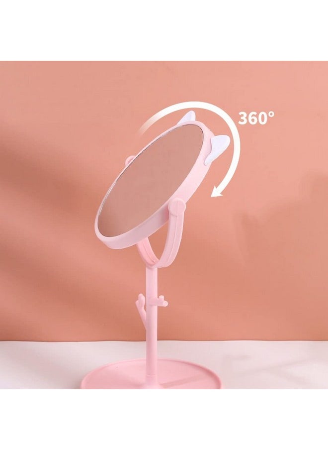 Desk Mirror In Cute Cat Ears Shape, Makeup & Vanity Mirror For Bathroom Or Bedroom, Desk Mirror For Makeup & Freestanding Mirror, Folding Design For Tabletop (Pink)