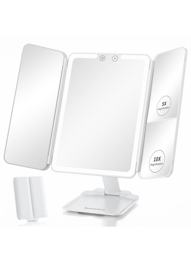 Rechargeable Travel Makeup Mirror With 48 Led Lights, 1X/5X/10X Tri-Fold Vanity Mirror With Light, Protable Magnifying Mirror With Light, Stepless Dimming And Touch Control Table Mirror