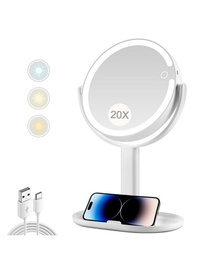 Makeup Mirror With Lights,20X Magnifying Mirror With Light And Touch Switch,Vanity Mirror With 3 Color Light And 80 Leds,2-Sided Lighted Magnified Mirror 8.8 Inches