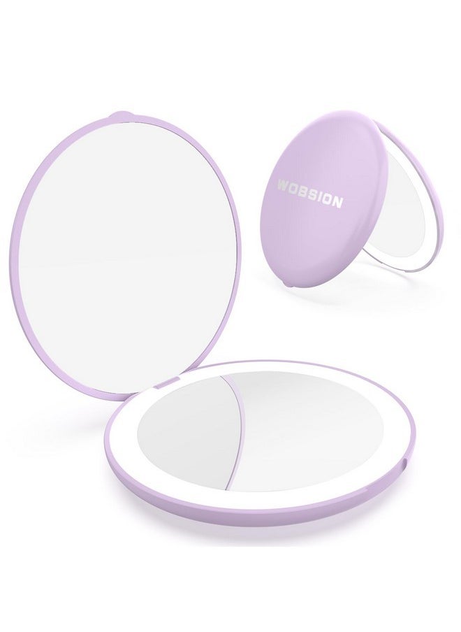 Travel Makeup Mirror With Light, 1X/10X Compact Magnifying Mirror,Handheld 2-Sided Pocket Mirror,Led Small Mirror For Purse,3.5In Hand Mirror,Travel Size Mirror For Handbag,Gift,Purple