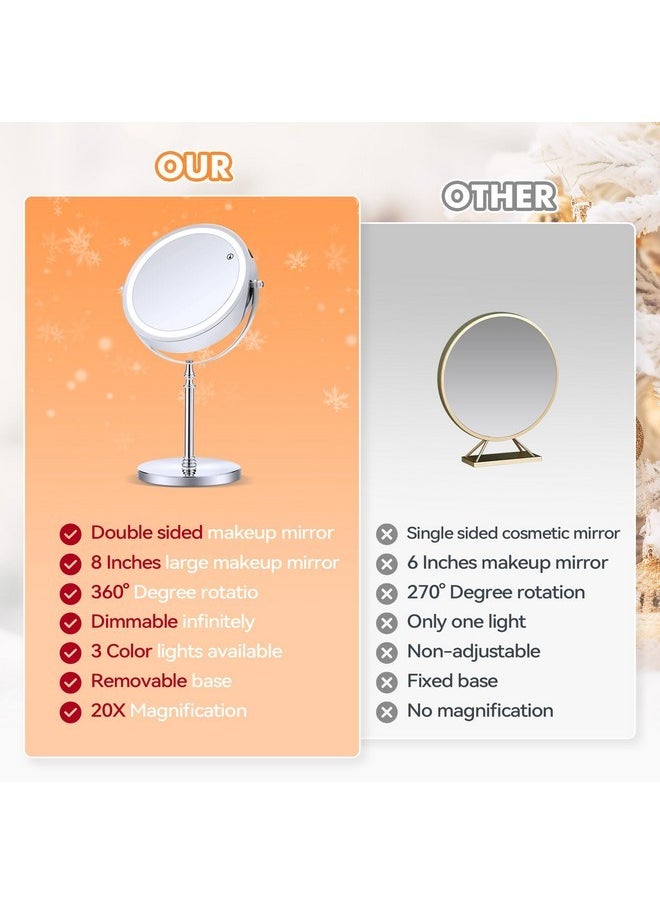 Lighted Makeup Mirror, 20X Magnifying Mirror With Light, Double Sided Makeup Mirror With 20X/1X Magnification, 360°Rotation, 3 Colors Brightness Adjustable Vanity Mirror With 42 Leds, 2000Mah