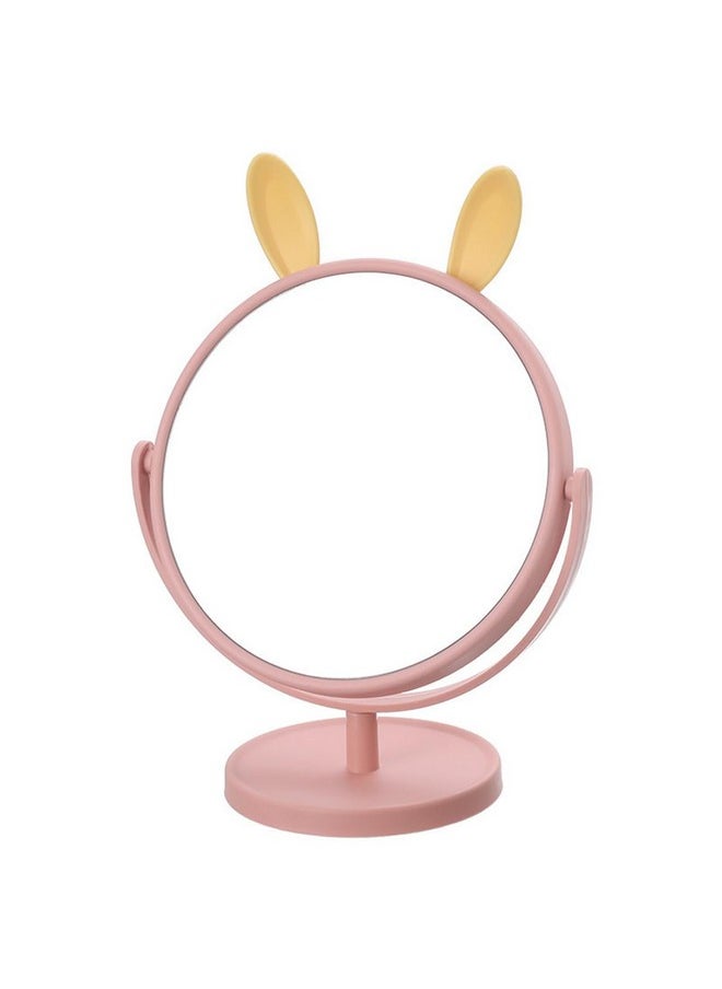 Plastic Desk Mirror With Stand, Vanity Makeup Mirrorwith Cute Rabbit Ears (Pink-Yellow Earround, Wall Mount)