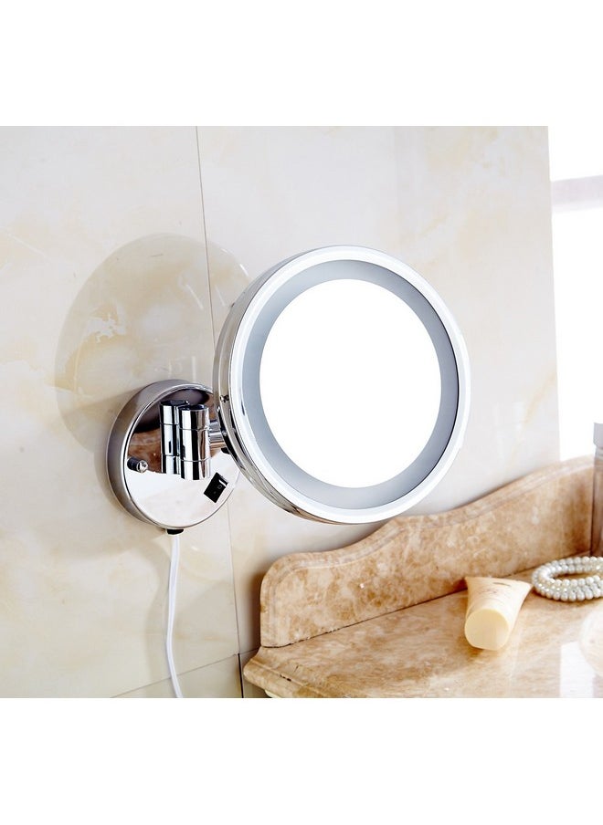 Stainless Steel One Side 5X Magnifying White Led Lighted Shaving And Wall Mount Makeup Round Mirror, 8-Inch (Silver)