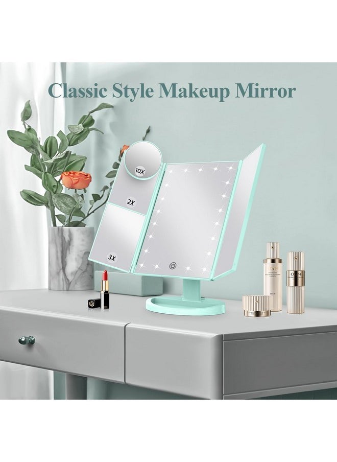 Makeup Mirror Vanity With Lights, 2X 3X 10X Magnification, Lighted Mirror, Touch Control, Trifold Dual Power Supply, Portable Led Women Gift (Green)
