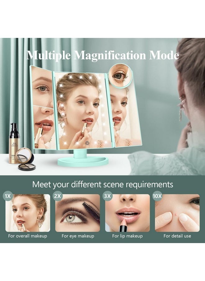 Makeup Mirror Vanity With Lights, 2X 3X 10X Magnification, Lighted Mirror, Touch Control, Trifold Dual Power Supply, Portable Led Women Gift (Green)