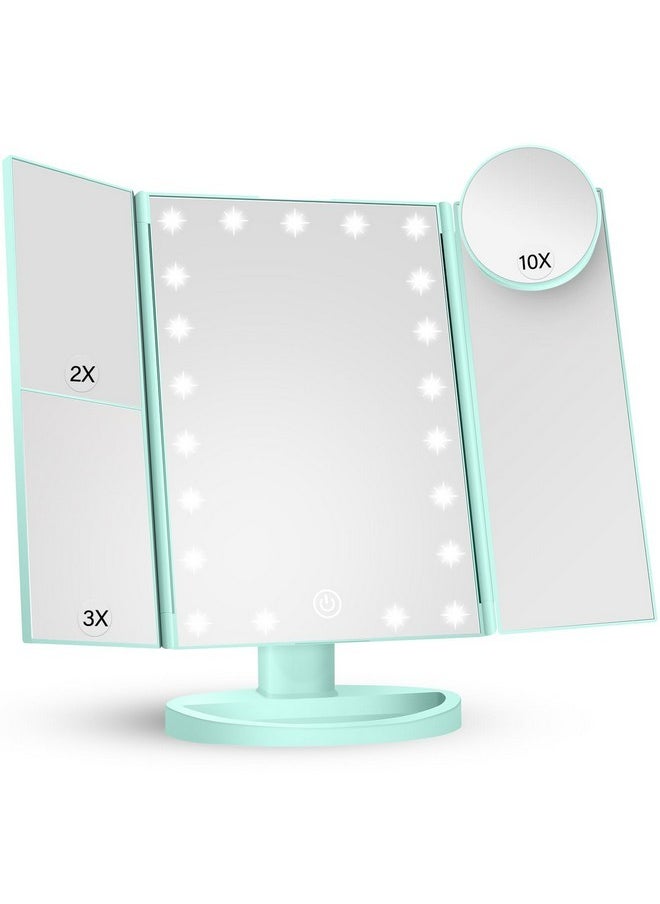 Makeup Mirror Vanity With Lights, 2X 3X 10X Magnification, Lighted Mirror, Touch Control, Trifold Dual Power Supply, Portable Led Women Gift (Green)