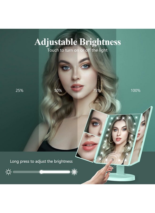 Makeup Mirror Vanity With Lights, 2X 3X 10X Magnification, Lighted Mirror, Touch Control, Trifold Dual Power Supply, Portable Led Women Gift (Green)