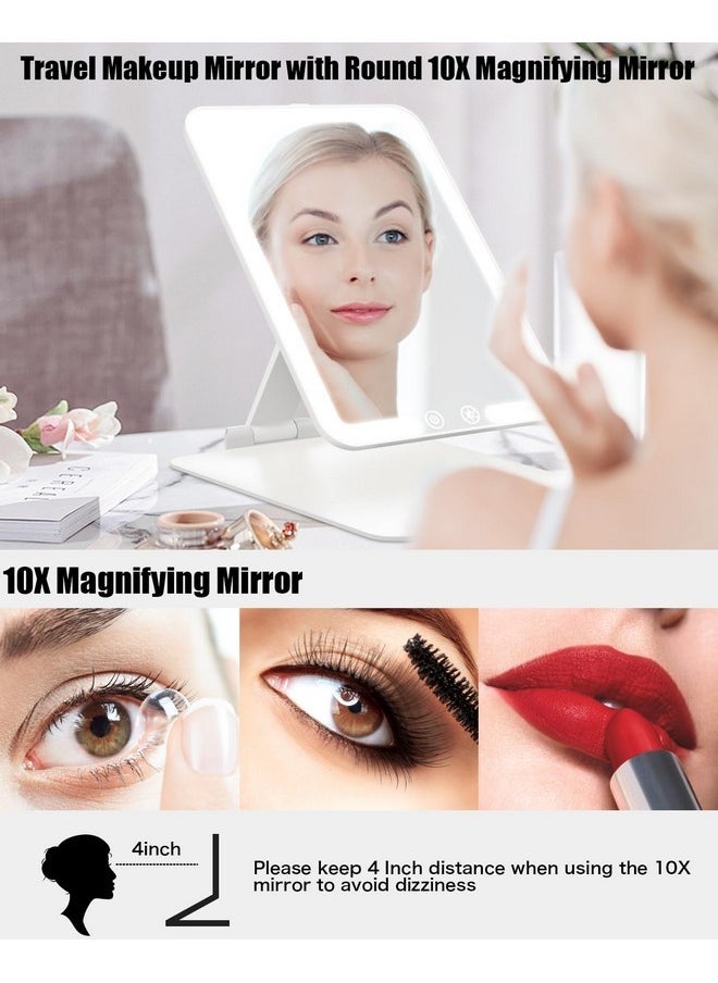 Travel Makeup Mirror With Light, 8.3*6.1In Portable Travel Lighted Makeup Mirror With 10X Magnifying Mirror, Foldable Stand & Angle Touch Screen Portable Led Mirror With 3 Lighting Colors, Ultra Thin