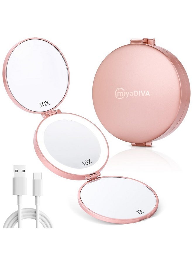 Compact Mirror With Light,1X/10X/30X Travel Magnifying Mirror With Light, Lighted Makeup Mirror With Brightness Adjustment,Makeup Mirror With 3 Color Lights, 4 Inch