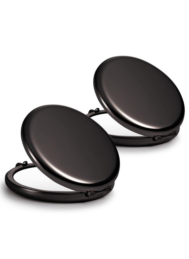 Compact Mirror, Set Of 2 Double-Sided 1X/2X Magnifying Purse Pocket Makeup Mirrors(Round, Onyx Black)