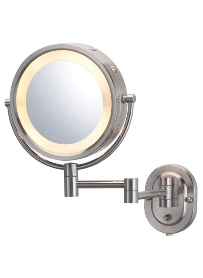 Two-Sided Wall-Mounted Makeup Mirror With Halo Lighting - Lighted Makeup Mirror With 5X Magnification & Wall-Mount Arm - Plug In Round Mirror With Nickel Finish Wall Mount - Model Hl65N