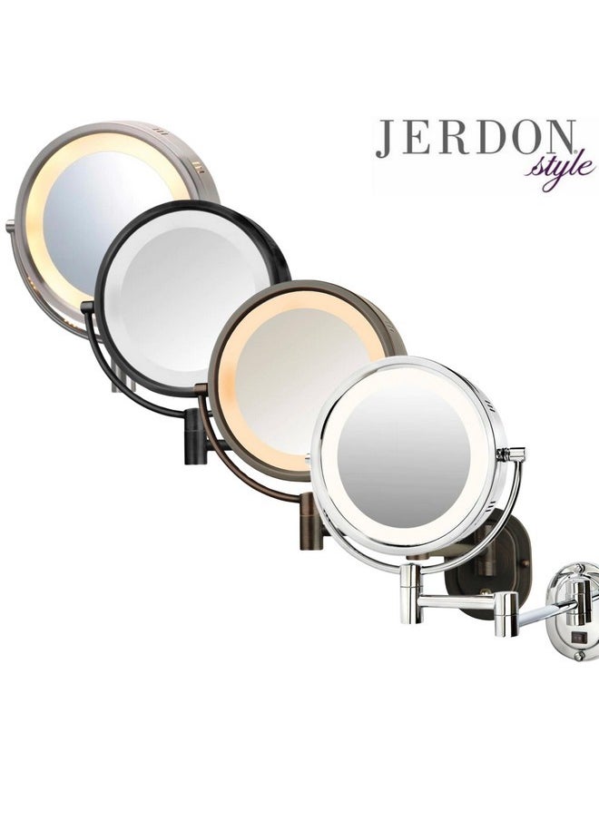 Two-Sided Wall-Mounted Makeup Mirror With Halo Lighting - Lighted Makeup Mirror With 5X Magnification & Wall-Mount Arm - Plug In Round Mirror With Nickel Finish Wall Mount - Model Hl65N
