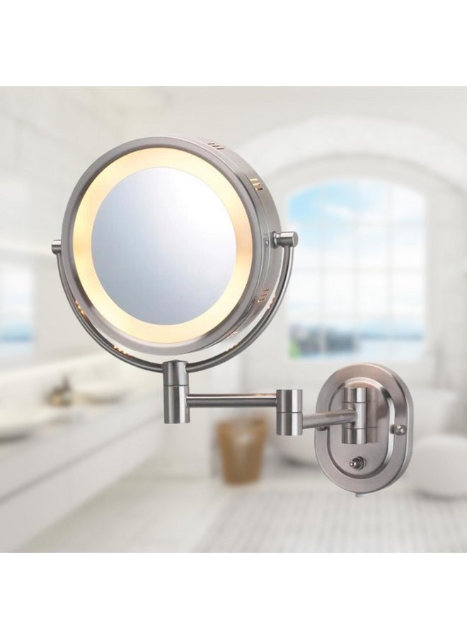 Two-Sided Wall-Mounted Makeup Mirror With Halo Lighting - Lighted Makeup Mirror With 5X Magnification & Wall-Mount Arm - Plug In Round Mirror With Nickel Finish Wall Mount - Model Hl65N
