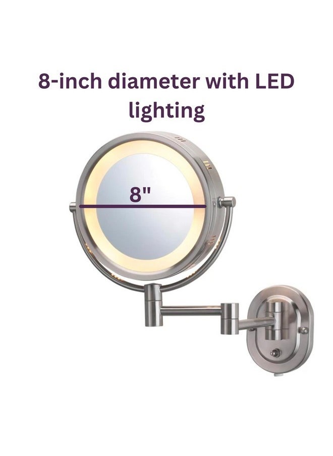 Two-Sided Wall-Mounted Makeup Mirror With Halo Lighting - Lighted Makeup Mirror With 5X Magnification & Wall-Mount Arm - Plug In Round Mirror With Nickel Finish Wall Mount - Model Hl65N