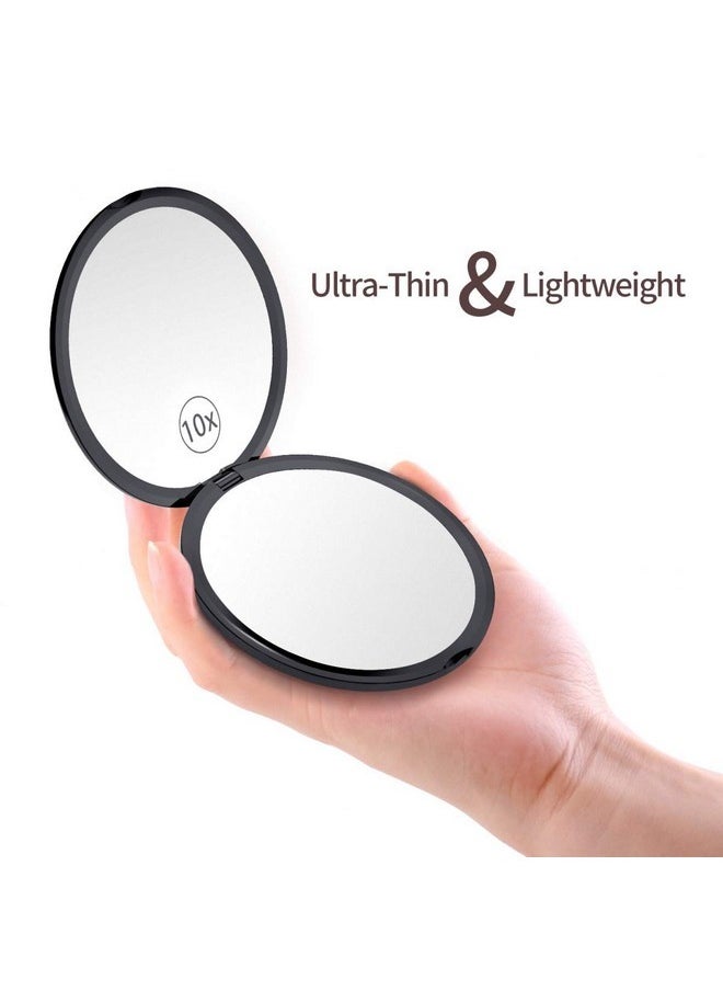 Pocket Makeup Mirror For Travel, 1X/10X Double Sided Magnifying Compact Handbag Cosmetic Mirror, 4 Inch Ultra-Thin Handheld Round Foldable Portable Mirror For Women (Black)