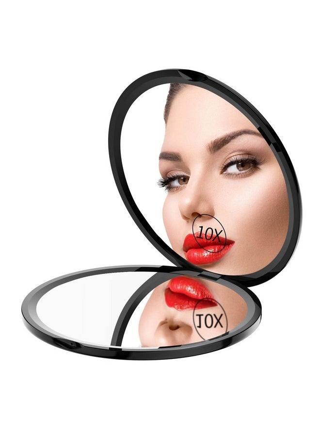 Pocket Makeup Mirror For Travel, 1X/10X Double Sided Magnifying Compact Handbag Cosmetic Mirror, 4 Inch Ultra-Thin Handheld Round Foldable Portable Mirror For Women (Black)