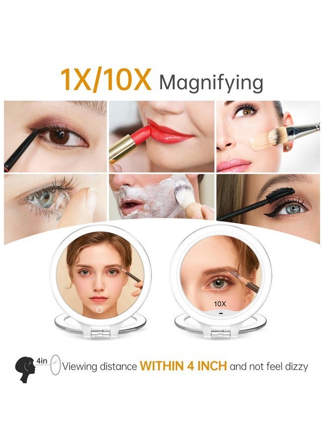 Lighted Makeup Mirror With Magnification, Travel 10X Magnifying Mirror Portable Vanity Mirror With 3 Color Lights Rechargeable Folding Tabletop Led Desk Mirror - White (With Tweezers)