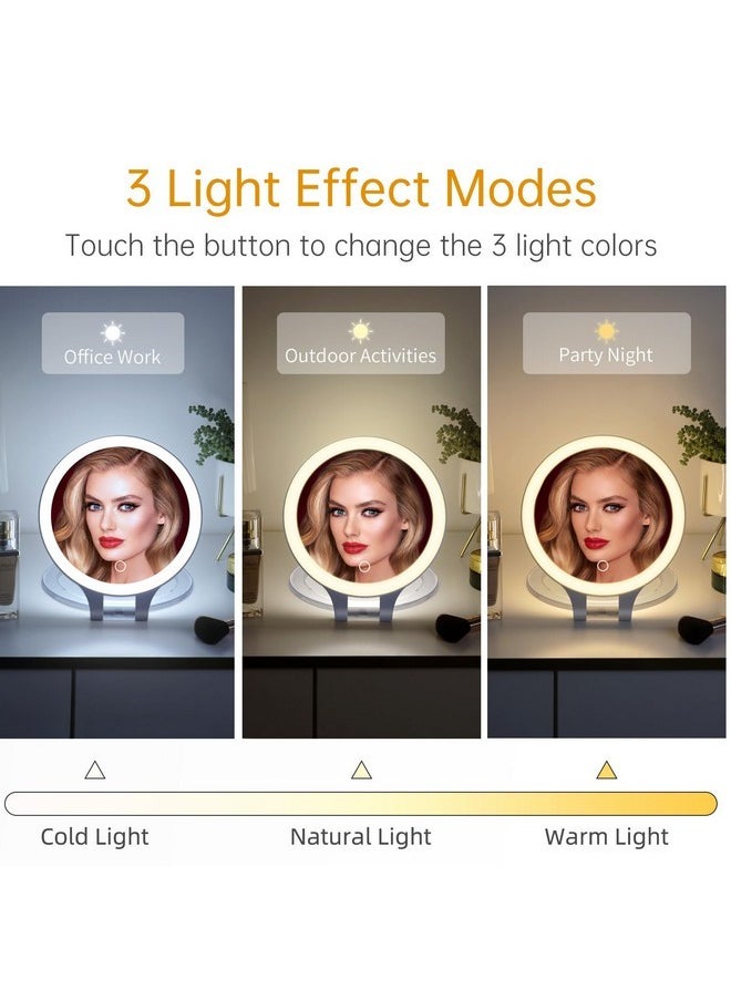 Lighted Makeup Mirror With Magnification, Travel 10X Magnifying Mirror Portable Vanity Mirror With 3 Color Lights Rechargeable Folding Tabletop Led Desk Mirror - White (With Tweezers)