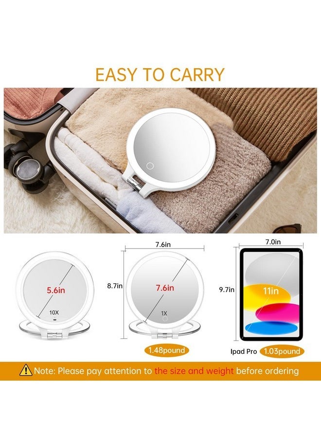 Lighted Makeup Mirror With Magnification, Travel 10X Magnifying Mirror Portable Vanity Mirror With 3 Color Lights Rechargeable Folding Tabletop Led Desk Mirror - White (With Tweezers)